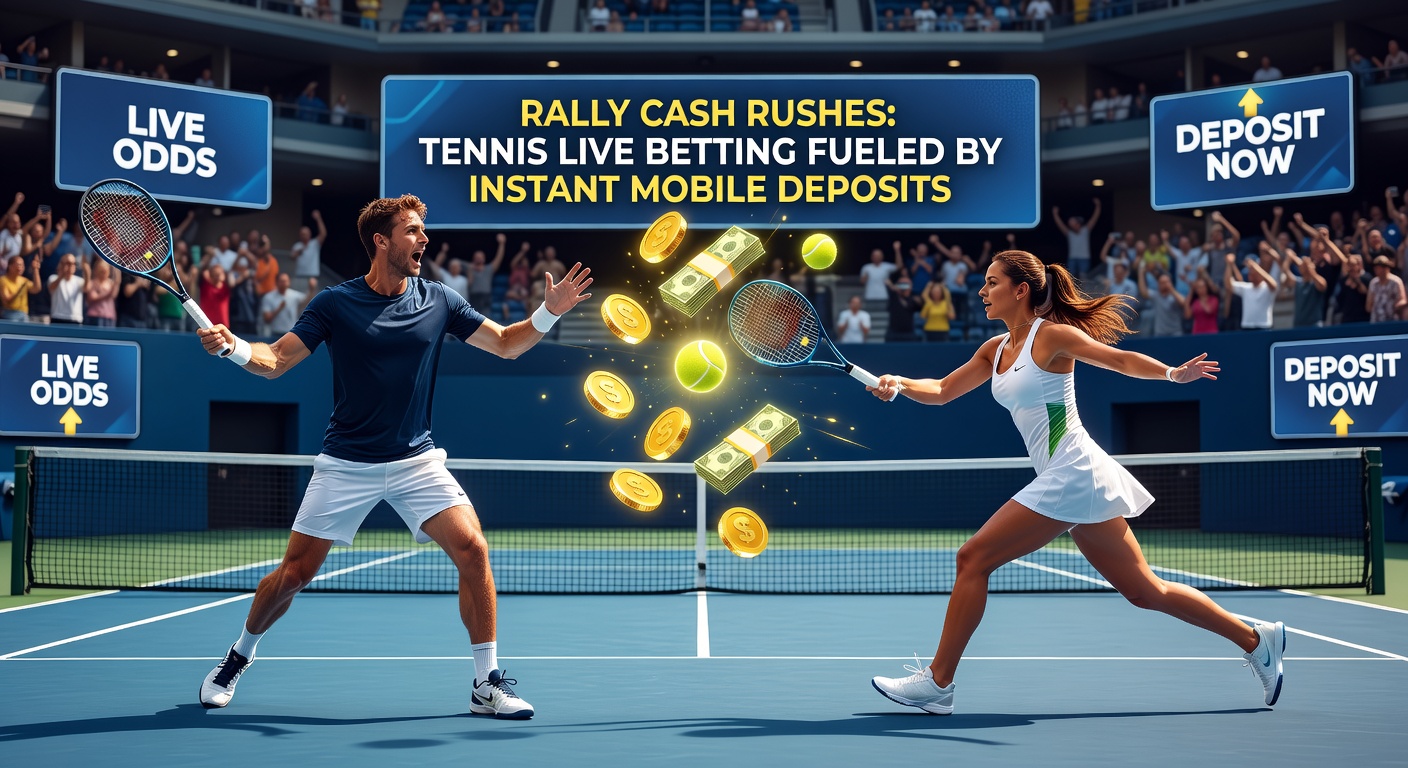Ein dynamisches Tennis-Match mit Spielern in einer intensiven Rally, während ein Smartphone mit Wett-App im Vordergrund eine schnelle Einzahlung zeigt