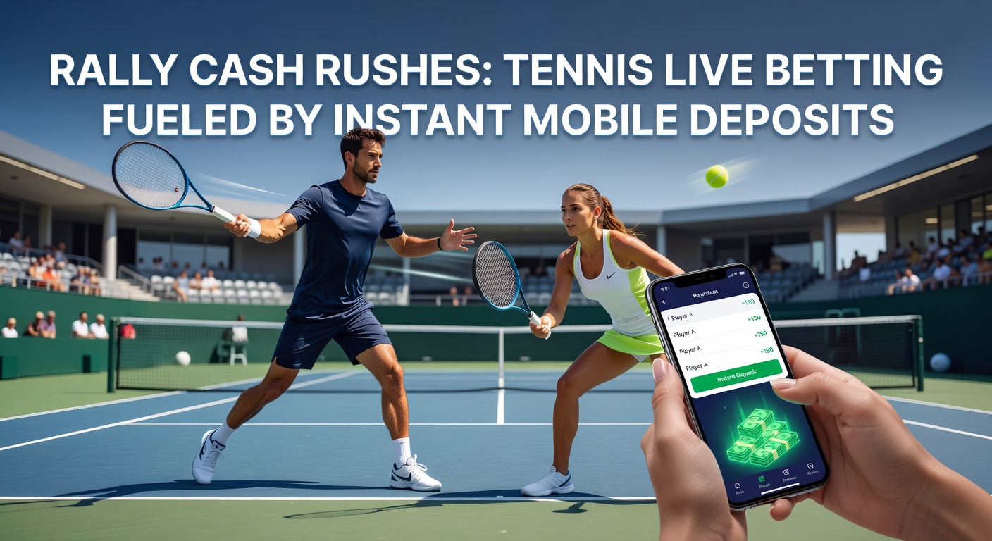 Smartphone mit offener Wett-App während eines Tennis-Rallys, Einzahlungsbestätigung blinkt auf dem Bildschirm neben dem Live-Score